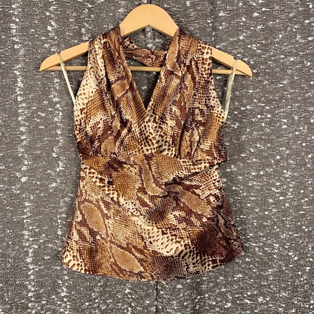 Vintage Y2K Express Halter Top Brown Snakeskin Print Festival Women's XS NWT